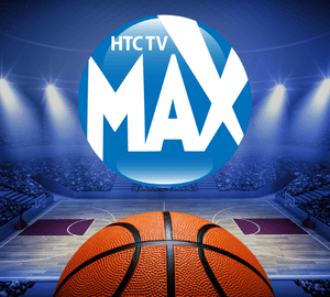 HTC TV Max logo and basketball court with basketball