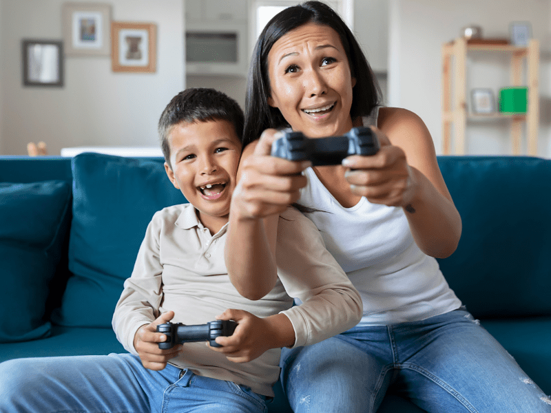 Mom and son playing video games