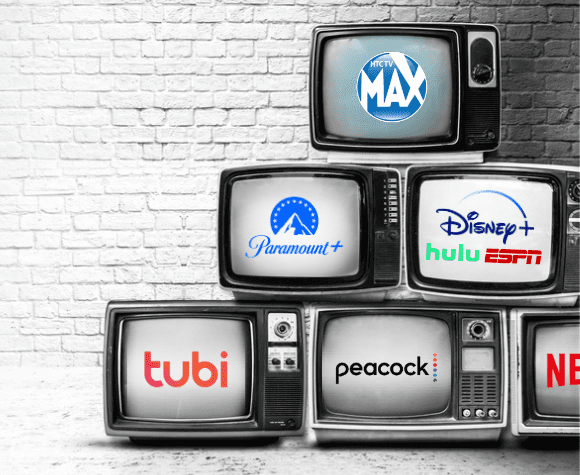 stack of tvs against a brick wall with streaming platform logos