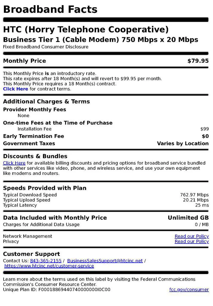 Agreement for HTC Business Tier 1 Fiber
