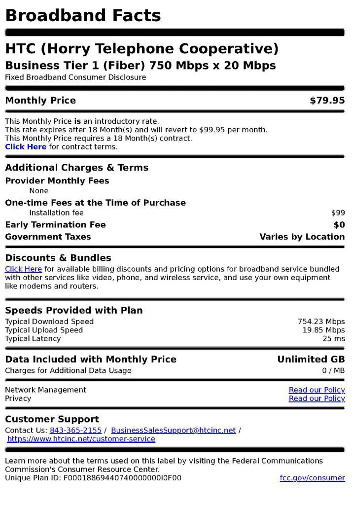 Agreement for HTC Business Tier 1 Fiber