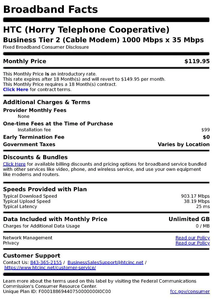 Agreement for HTC Business Tier 2 Fiber