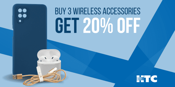 HTC promotional banner - Buy 3 wireless accessories and get 20% off