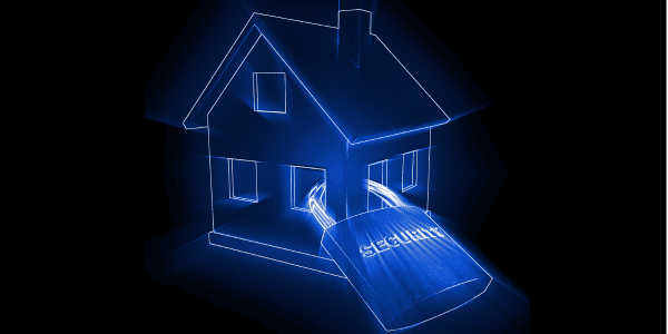 Home glowing in neon with a security padlock showing the home is secured