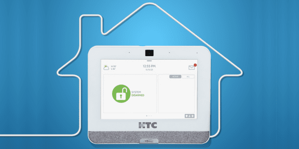 Touchscreen home security panel with the HTC logo, all outlined by a white house silhouette on a blue background