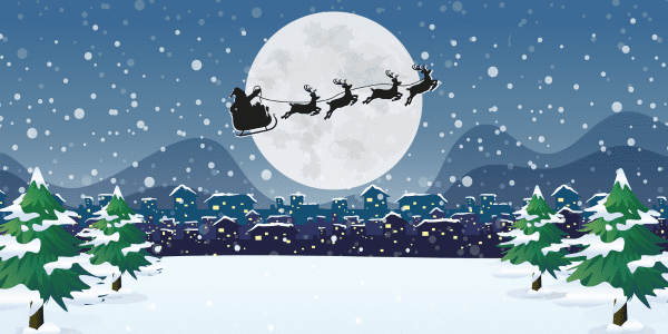 Illustration of Santa Claus in a sleigh pulled by reindeer flying across a full moon in a snowy night sky over a town