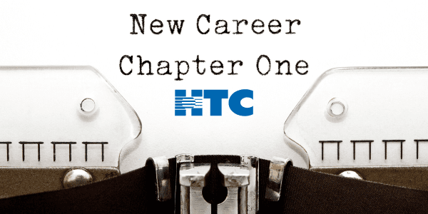 Image of an old-fashioned typewriter with the typed message "New Career Chapter One" and the HTC logo beneath it