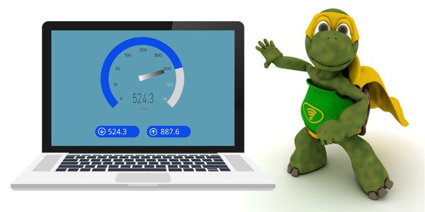 Animated image of a laptop displaying a speed test result