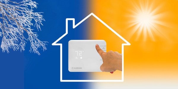 Illustration of a hand adjusting a smart thermostat inside the outline of a house. Winter scene at left, sunny sky at right.
