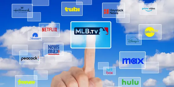 A finger points toward the MLB.TV logo among floating icons for streaming services on a background of blue sky and clouds.