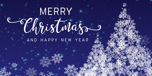 Illustration of a Christmas tree made of snowflakes and text reading "Merry Christmas and Happy New Year."