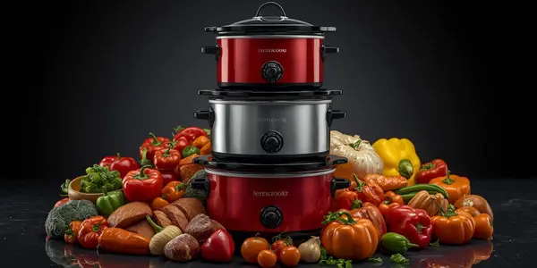 stack of crockpots and vegetables/meats