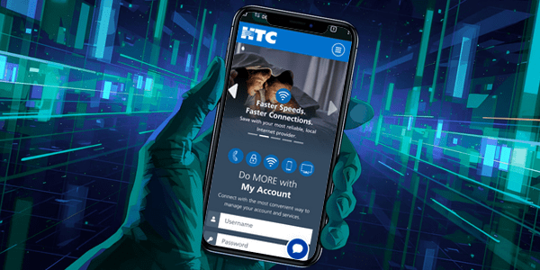tech background - hands holding cellphone opened to My Account app