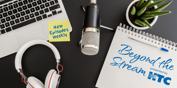 microphone headphone, laptop and notepad for podcast