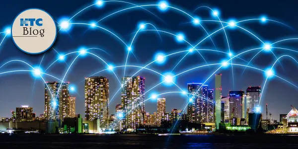 city skyline with interconnecting points