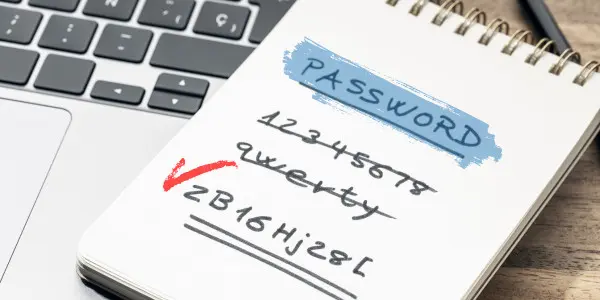 notepad with several internet passwords listed