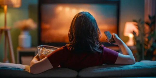 woman on sofa with remote control watching TV