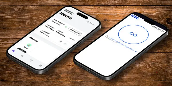 two mobile phones accessing speed tests through HTC Plume Home app and HTC netracer