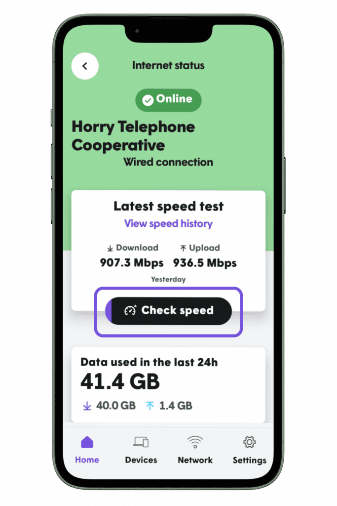 Plume Home Speed Test on cell phone