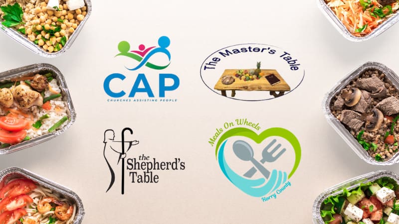 prepared meals and logos of 4 local charities