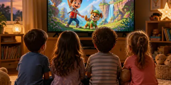 kids sitting in front of television watching cartoon