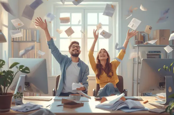 paper flying around as couple cheers no more paper