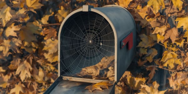 spiderweb in empty mailbox surrounded by fall leaves