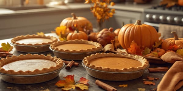 kitchen table with pumpkins and pumpkin pies