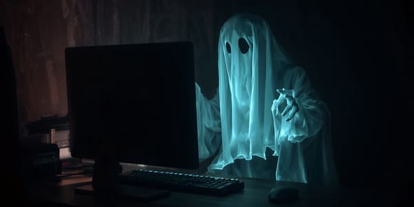 ghost looking at a bright desktop computer screen
